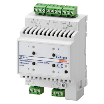 KNX 4-channel 16AX switch actuator with manual operation - IP20 - DIN rail mounting