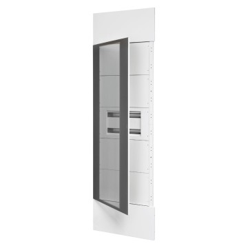 Systeemzuilkit met deur in transparant fuméglas, afgewerkte panelen uit wit metaal RAL 9003, 1 onderdeurbehuizing 40 M en onderdeurpanelen wit RAL 9003