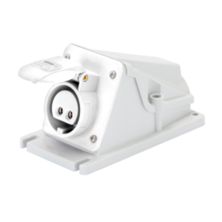 90° ANGLED SURFACE-MOUNTING SOCKET-OUTLET - IP44 - 2P 32A 20-25V and 40-50V d.c. - WHITE - 10H - SCREW WIRING