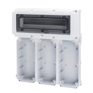 MODULAR BASE WITH PANEL WITH WINDOW AND EN50022 RAIL - 3 SOCKET OUTLET 16/32A / SELV - 18 MOD.EN50022 - IP66