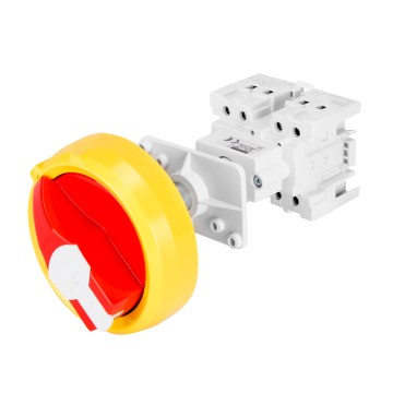 Schalter für Schaltschränke mit abschließbaren, rot/gelben Drehgriff und Antriebsachse