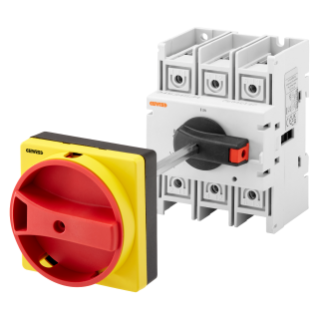 ROTARY ISOLATOR SWITCH - FOR DISTRIBUTION BOARD - RED PADLOCKABLE KNOB - 3P 4M EN50022 160A